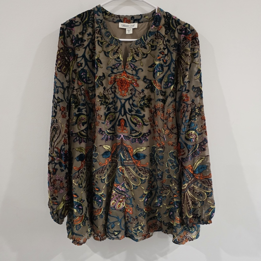 Coldwater Creek Womens Velvet Burnout Top Petite Large Tunic Colorful Floral